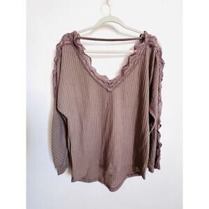 Mia Joy by Joyfolie Lace Trim Waffle Knit Top Small NWOT Boho Mauve Long Sleeve